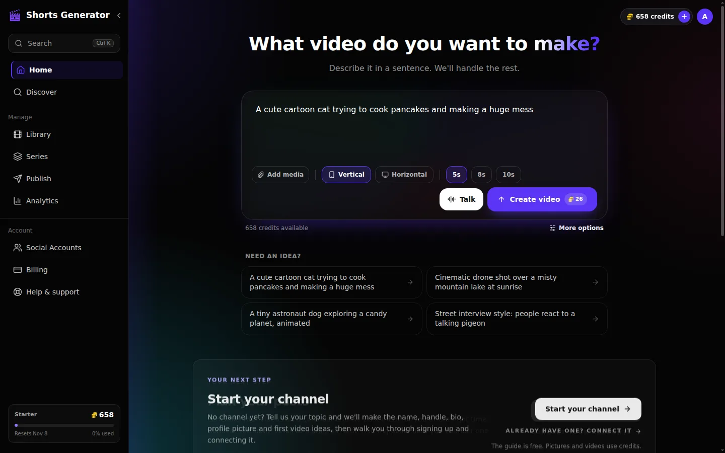 Shorts Generator Create screen