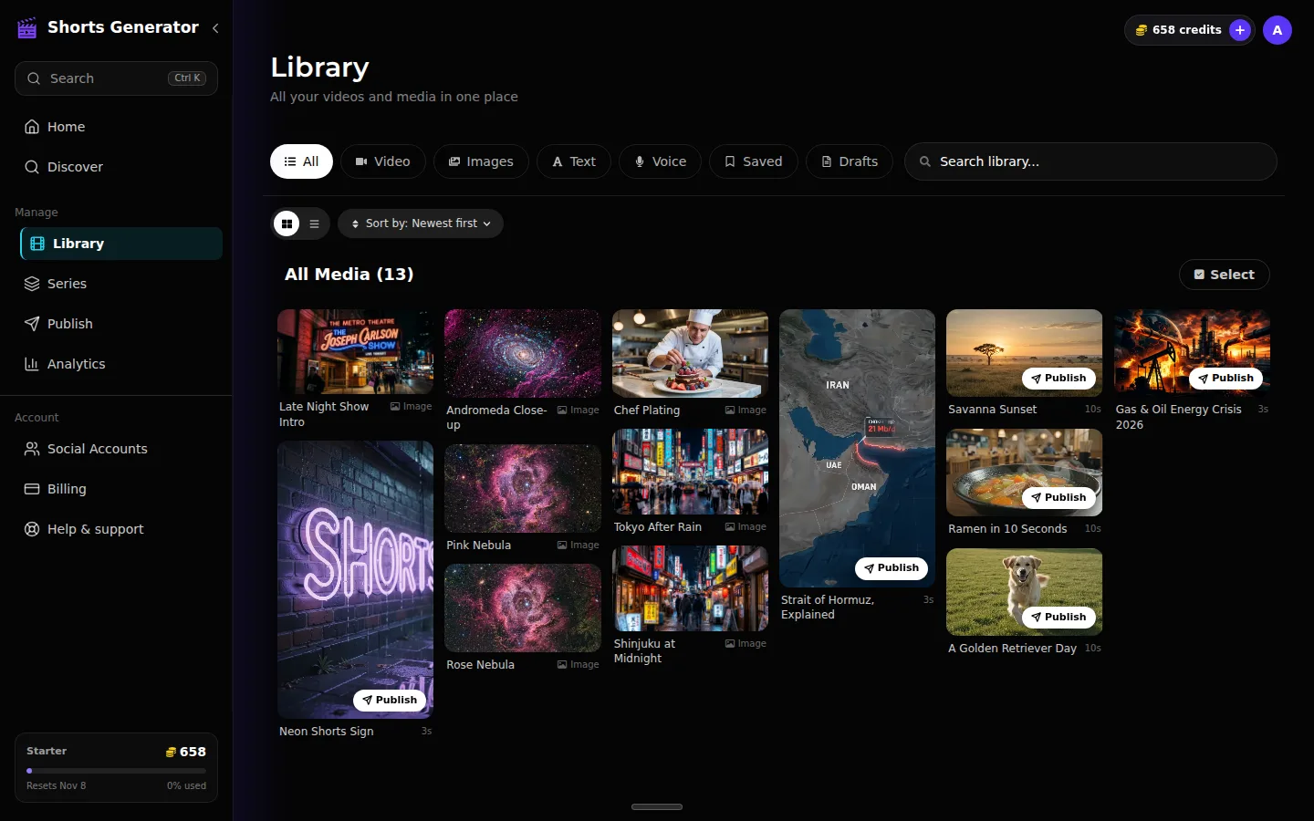 Shorts Generator Library screen